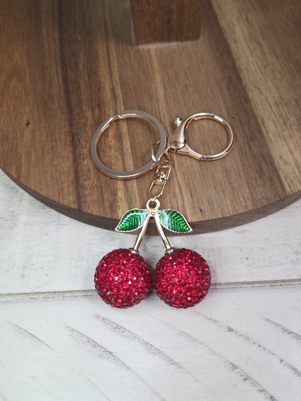 Red Cherry Rhinestone Keychain with Green Enamel Leaves, NEW